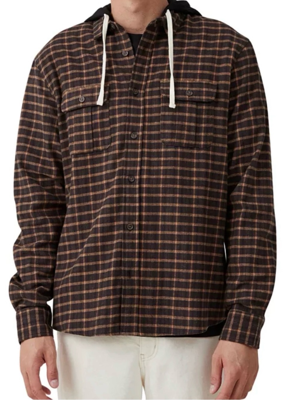 Cotton On Mason Hooded Long Sleeve Flannel Shirt Brown Plaid Men Sz L
